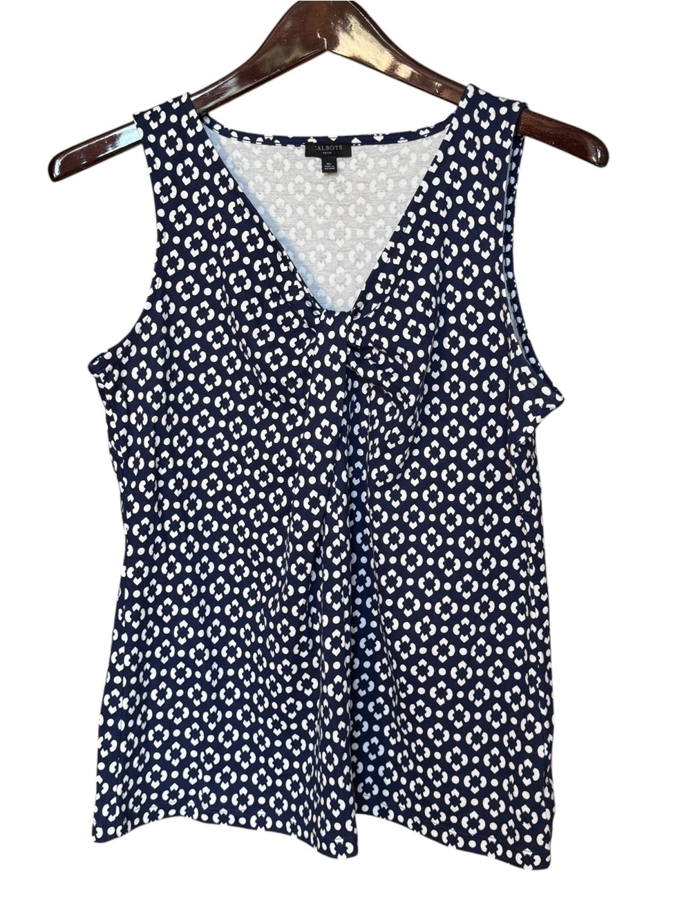 Talbots Top Womens Medium Petite Blue White Geometric Cotton Sleeveless